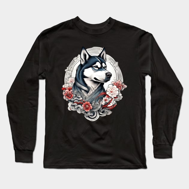 Old School Vintage Japanese Tattoo Art Husky Long Sleeve T-Shirt by Tina